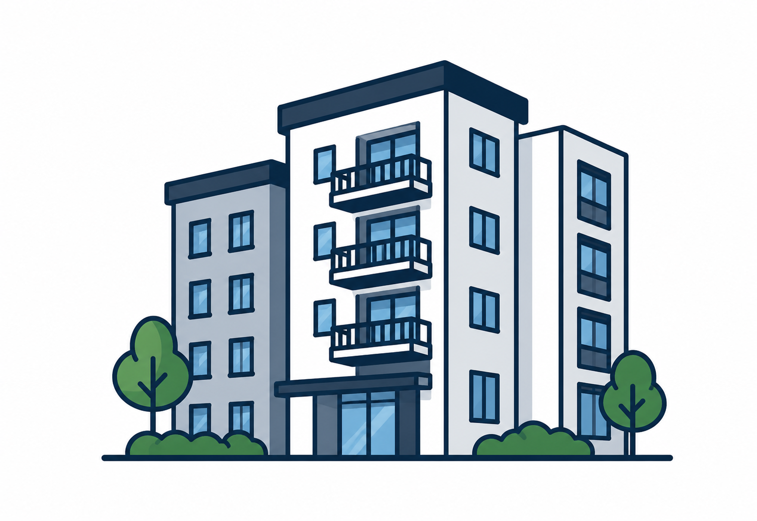 Modern apartment complex icon with trees