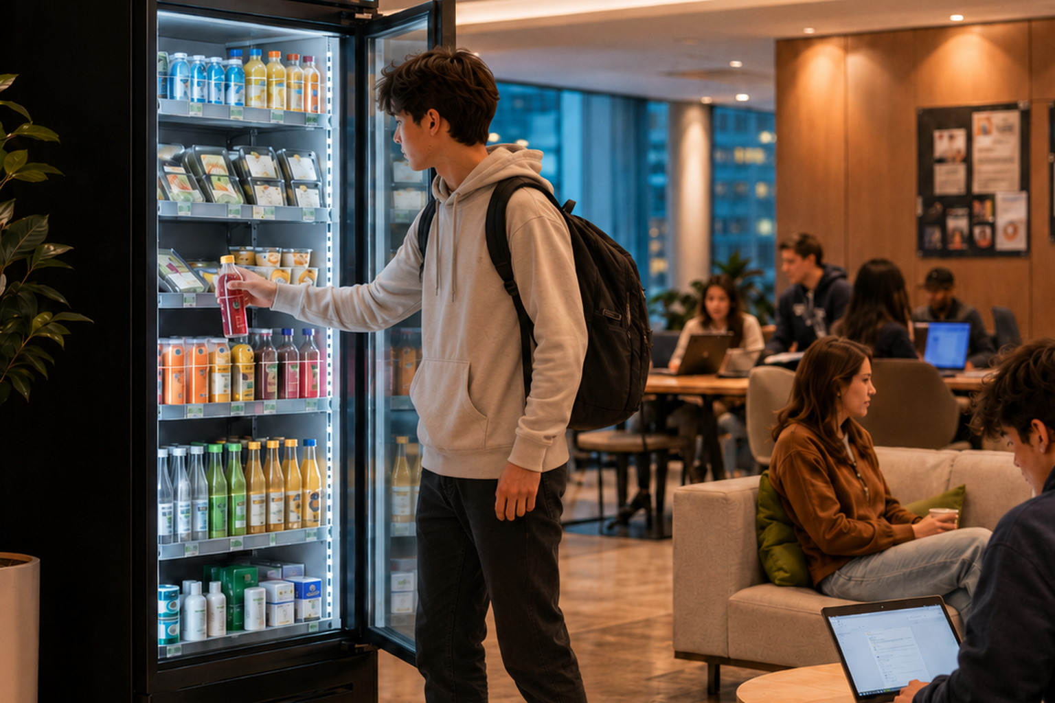 A student selects a bottled drink from a refrigerated micro market in a busy campus lounge.