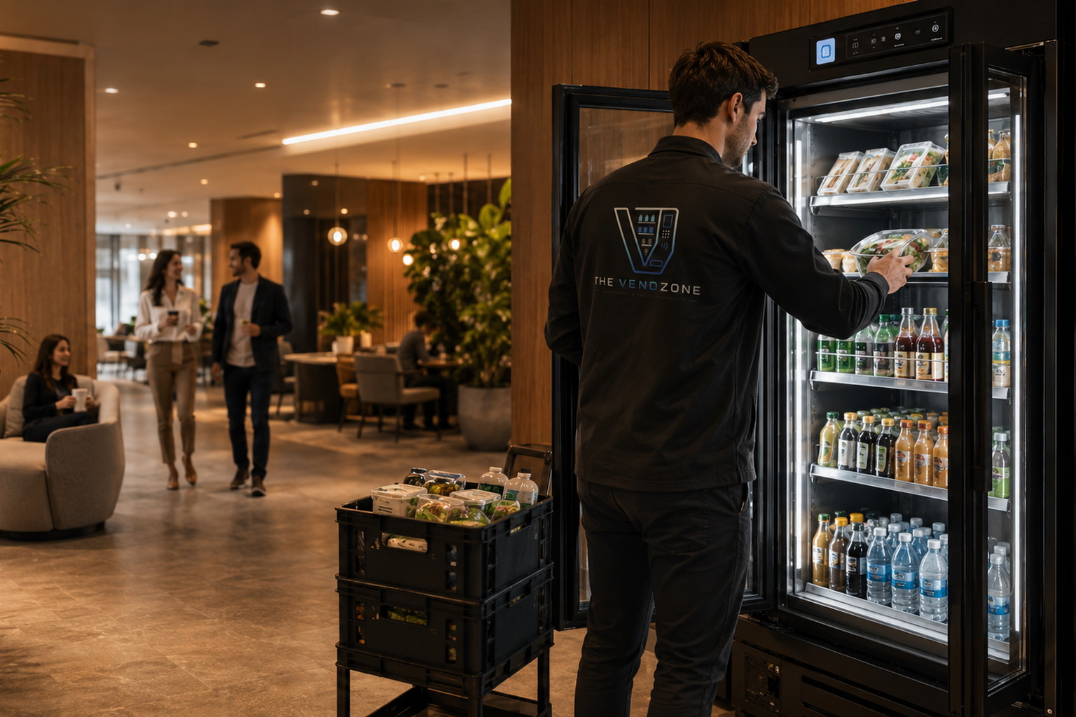 A VendZone employee restocks fresh meals and bottled drinks in a refrigerated micro market.